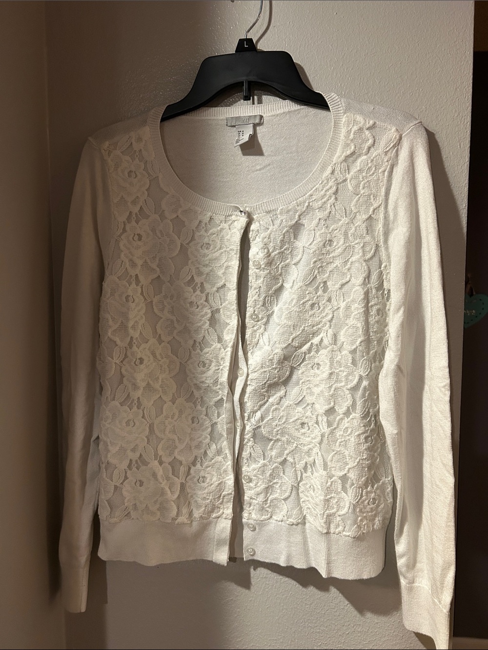 long-sleeve crewneck cardigan with a floral lace front overlay Size Medium